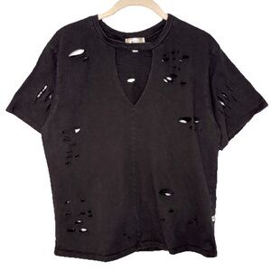 NYTT Distressed Black Tee Large Cut Outs Rips Edgy Rock Gothic Goth Punk Biker